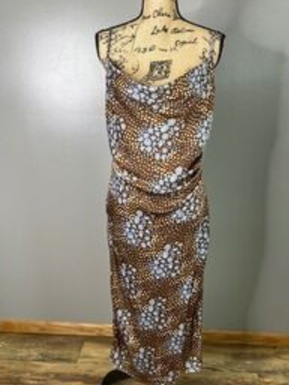 Brown Floral Slip Dress with Cowl Neck